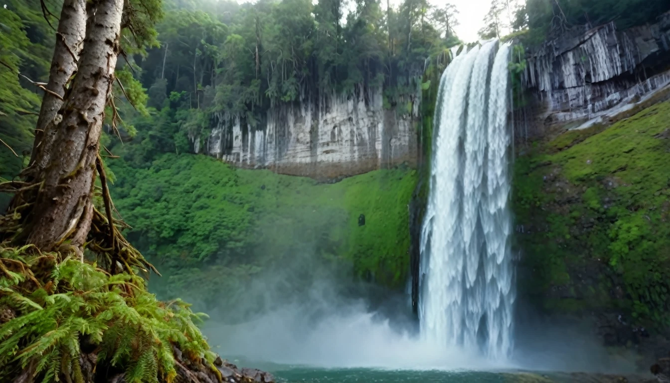 ((Masterpiece)), ((Best Quality)), (Very Detailed), ((Very Detailed)), 4K, (8K), very aesthetic, absurdres highres, A scene in which a thin waterfall in a coniferous forest cascades down with dynamic spray. Smooth rock faces spread out on both sides of the waterfall, and the spray of water disappears into the mist under a cloudy sky. The texture of the waterfall's flow, the particles of the water spray, the texture of the rock surface, and the light shining through the trees are depicted in detail.