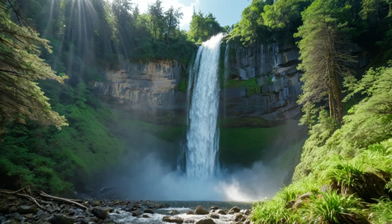 ((Masterpiece)), ((Best Quality)), (Very Detailed), ((Very Detailed)), 4K, (8K), very aesthetic, absurdres highres, A scene in which a thin waterfall in a coniferous forest cascades down with dynamic spray. Smooth rock faces spread out on both sides of the waterfall, and the spray of water disappears into the mist under a cloudy sky. The texture of the waterfall's flow, the particles of the water spray, the texture of the rock surface, and the light shining through the trees are depicted in detail.