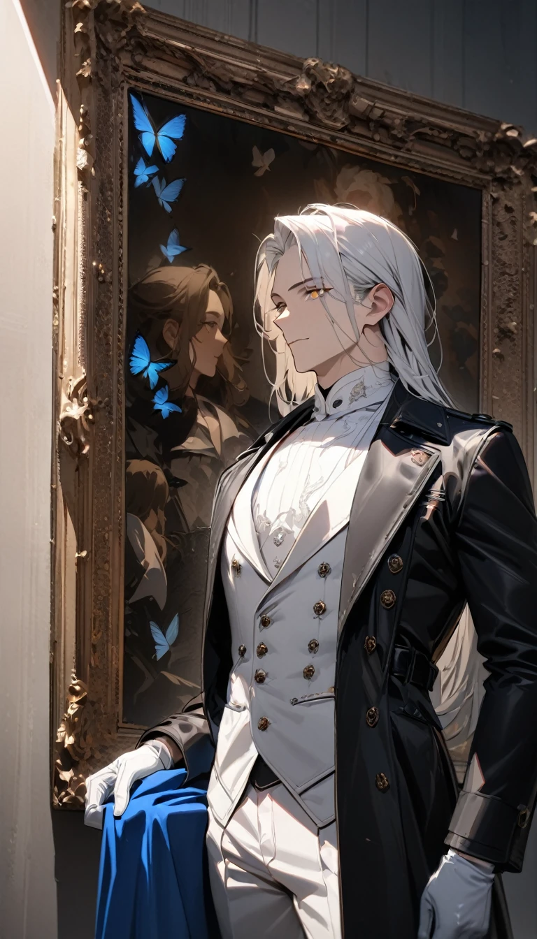(masterpiece:1.5)，best quality，(1 Handsome man)，alone，white long length hair，(Golden eyes), (A soft smile)，elegant，perfect face，Long black trench coat，white and blue cloth，white leather gloves，white lining，Slightly muscular body，High，8K，Beautiful contrast of light and shadow，Dark luxury background，(complete upper body)，Positive face，luxury screen，Standing in front of the historical oil painting，Exquisite picture frame，((many butterflies))，(Museum)，Museum
