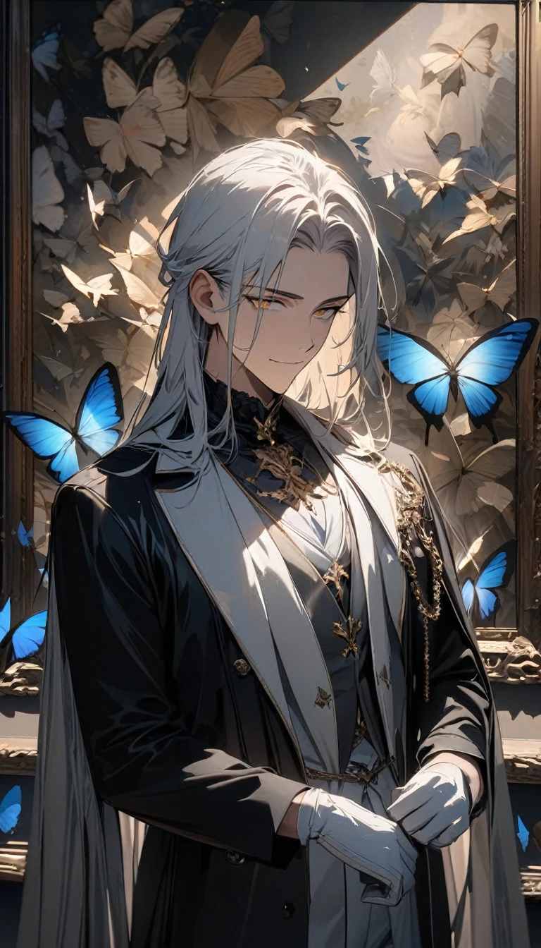 (masterpiece:1.5),best quality,(1 Handsome man),alone,white long length hair,(Golden eyes), (A soft smile),elegant,perfect face,Long black trench coat,white and blue cloth,white leather gloves,white lining,Slightly muscular body,High,8K,Beautiful contrast of light and shadow,Dark luxury background,(complete upper body),Positive face,luxury screen,Standing in front of the historical oil painting,Exquisite picture frame,((many butterflies)),(Museum),Museum