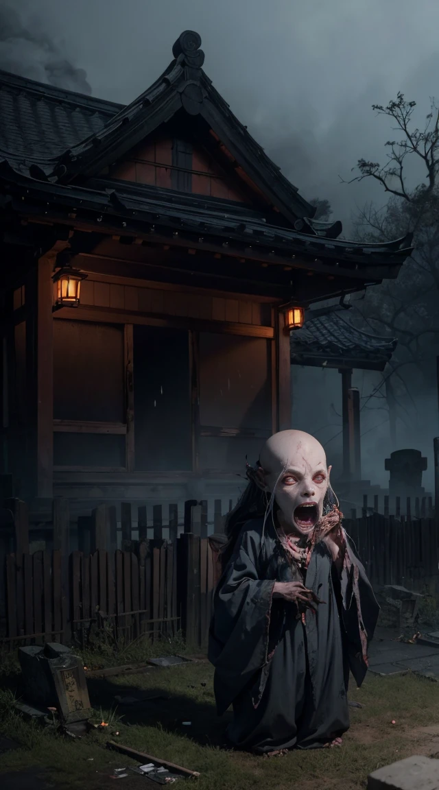Create a haunting image of Onmoraki, a ghostly yokai resembling a decayed human corpse. It should have rotting flesh and an eerie, spectral presence. The setting should be a dark, misty graveyard or an old, abandoned house, emphasizing its unearthly and terrifying nature.