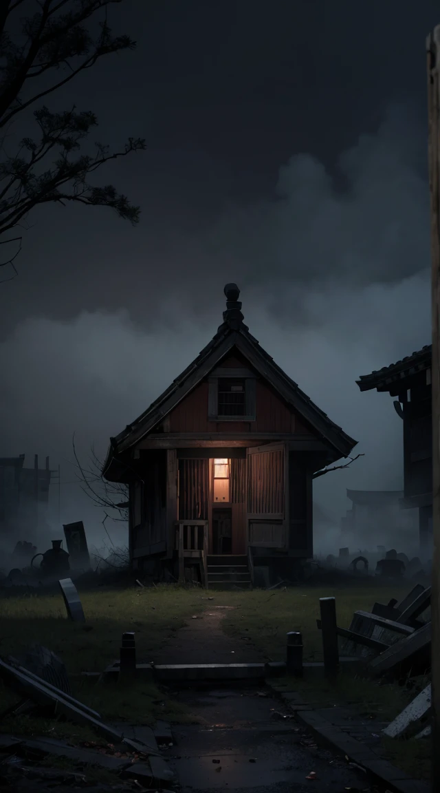 Create a haunting image of Onmoraki, a ghostly yokai resembling a decayed human corpse. It should have rotting flesh and an eerie, spectral presence. The setting should be a dark, misty graveyard or an old, abandoned house, emphasizing its unearthly and terrifying nature.
