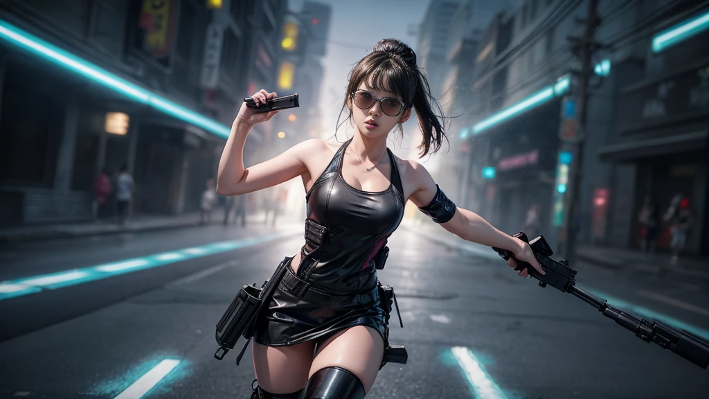 8k, Realistic Skin Texture, Realistic Photo, Neo Tokyo, slim Japanese women, large-breast:1.3 cleavage:1.2, AD2050 at night, Dirty hunting jacket, Wearing tube top, miniskirt, (((black sunglasses, automatic rifle, sneakers, cold, shooting pose, low angle view))), Innovative composition, revenge, cyberpunk, blade runner worldview, Large neon sign, Geisha hologram sign, Strong Wakamoto Sign.