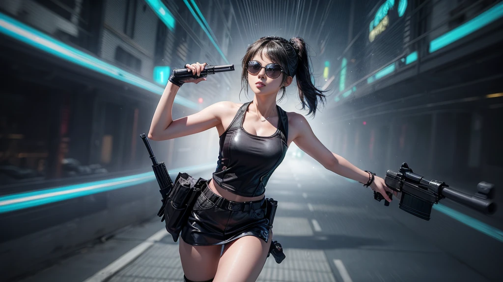 8k, Realistic Skin Texture, Realistic Photo, Neo Tokyo, slim Japanese women, large-breast:1.3 cleavage:1.2, AD2050 at night, Dirty hunting jacket, Wearing tube top, miniskirt, (((black sunglasses, automatic rifle, sneakers, cold, shooting pose, low angle view))), Innovative composition, revenge, cyberpunk, blade runner worldview, Large neon sign, Geisha hologram sign, Strong Wakamoto Sign.