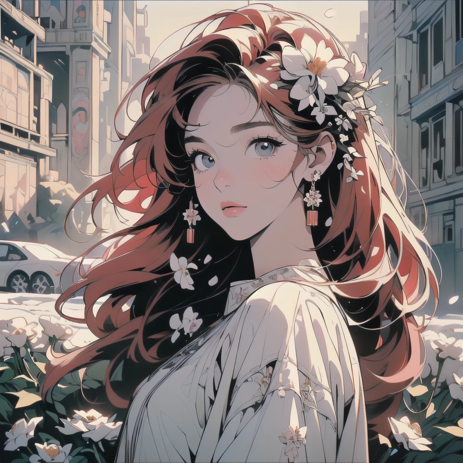 (((Fisheye Lens))), Very wide white background, Superior quality, masterpiece, 8K, Depth of written boundary, Intricate details, (((unmanned))), Very large margins, Lots of text, Company logo, space, Movie Posters, (((ruins))), (((Covered in white flowers)))), Nostalgia, Supercar, Panorama, Long Shot, Backlight, (((Dull colors))),(((Only One Woman))), (((Perfect Face))), 14k, (((Highly detailed background))), (((Highest quality))),(((Cowboy Shot))), Ultra detailed hair, (((Faint lighting))), Super beauty, (((Detailed face))), ((((Various poses)))), ((((Different angles)))), (((The wind is blowing))),(((Highly detailed beautiful black glowing eyes))),(((All pure white flowers))),(((Light on the face.))),(((Inside the building)))、(((snow)))、(((Abandoned Factory)))、(((Light red hair color)))