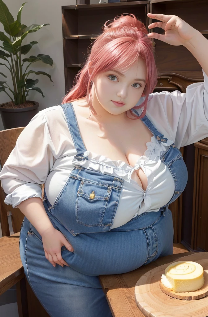 Makima de l'anime "chainsaw man", bbwchan, corps entier, magnifique et ultra détaillée. Ssbbw, obésité morbide, Cheveux rouges, yeux jaunes, visage gras, visage ultra détaillé et doux. Chemise, jupe en jean, pose dynamique, soleil, gros ventre rond et moux débordant sur la table 