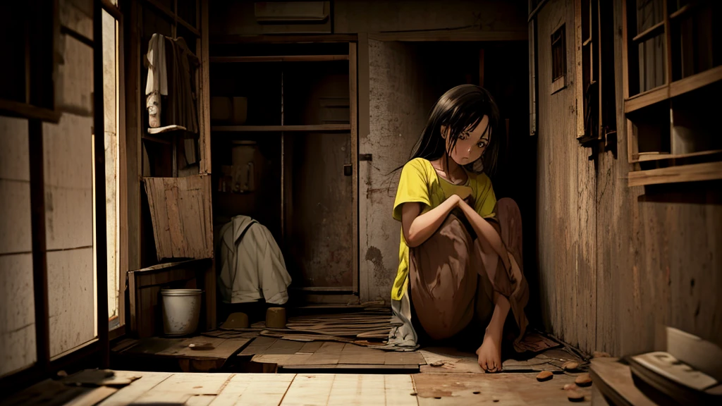 Sad crying sitting in the corner of the kitchen, worn Brazilian t-shirt, poverty, famine, misery, dirty body without showering, thousands of large insects flying in motion.