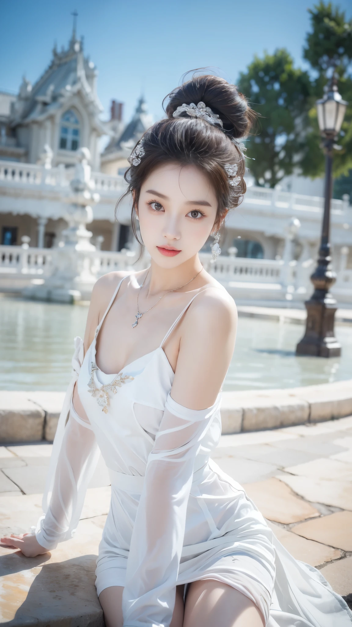 ssbb, ((whole body)), ((Shot from random angles)), ((Sitting)), (yushuxin,1 Girl,Solitary), Clear face, Pretty Face, 8K, masterpiece, original photo, best quality, detail:1.2,lifelike, detail, Very detailed, CG, Unite, wallpaper, Depth of Field, Movie Lighting, lens flare, Ray Tracing, (Extremely beautiful face, Beautiful lips, beautiful eyes), complex, detail的脸, ((ultra detailed skin)), 1 girl, in the darkness, Deep Shadows, Beautiful Korean girl, Korean Idol,(Very slim figure:1.3), Full breasts, Large Breasts, Slender sexy legs, Very beautiful legs, Elegant Posture, (A bright smile), (City night, (Neon), (night), Beautiful Korean girl, White Diamond Earrings, Bracelet diameter, Deya Necklace, Clear eyes, (big eyes)