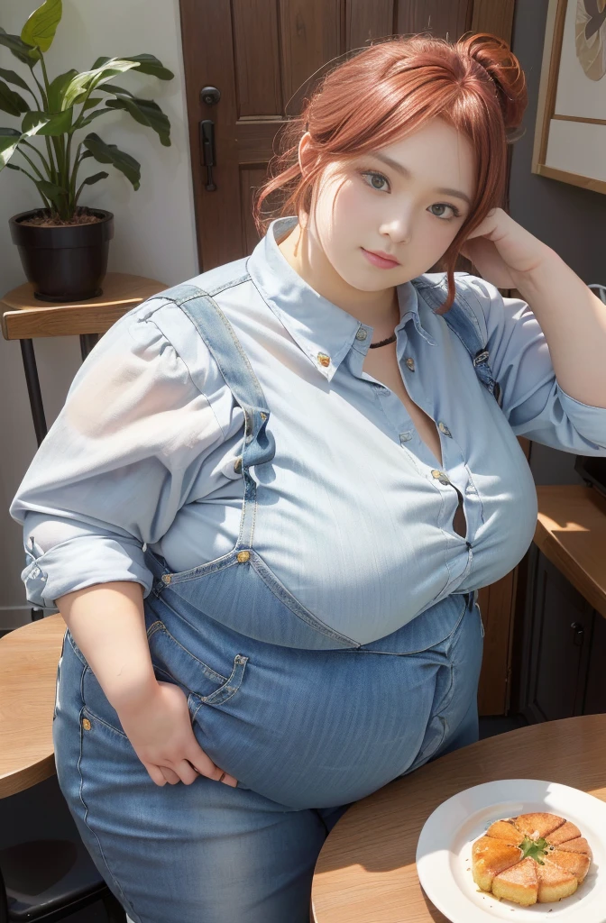 Makima de l'anime "chainsaw man", bbwchan, corps entier, magnifique et ultra détaillée. Ssbbw, obésité morbide, Cheveux rouges, yeux jaunes, visage gras, visage ultra détaillé et doux. Chemise, jupe en jean, pose dynamique, soleil, gros ventre rond et moux débordant sur la table