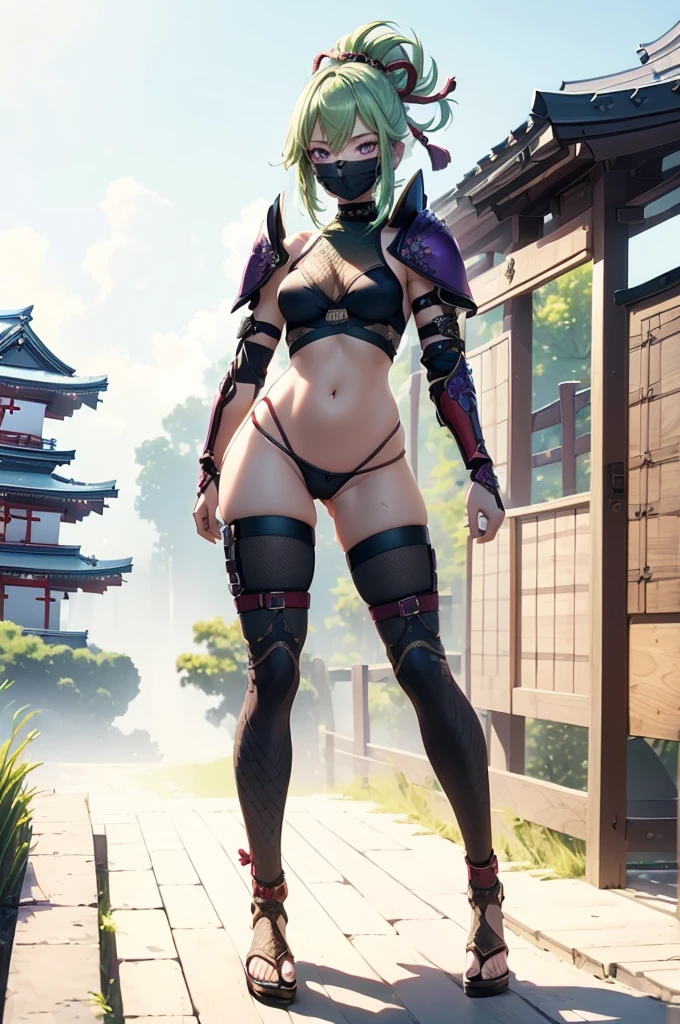 ((1girl, solo)), (((cowboy shot))), (legs apart:1.5), standing, beautiful body, (perfect anatomy, perfect body, perfect hands, perfect legs), natural proportions, sexy body, (large breasts:1.5), (full body, full-body shot, full body front:1.5) BREAK
((extremely detailed face)), (beautiful detailed eyes:1.6), (realistic pupils, realistic iris:1), expressive eyes, looking at viewer, (clear eyes:1.3), (hyperrealistic:1.2), (detailed skin texture:1.2), smooth skin, kuki shinobu, purple eyes, green hair, ((mouth mask)), perfect face, perfect eyes BREAK
ninja, (fishnet top:1.5), (crop top:1.5), cleavage, (cropped jacket:1.5), (shoulder armor:1.5), (arm guard:1.5), partially fingerless gloves, midriff, black panties, ((black thighhighs)), (((greaves))), sandals, (revealing clothes:1.5), (japanese armor:1.5), (samurai armor), (highleg panty straps:1.4), tassel, thighs, ass visible through thighs BREAK
outdoor, day, japanese building, east asian architecture BREAK
(masterpiece:1.5), anime-style, top quality, best quality, (beautiful and aesthetic:1.2), (ultra detail:1.5), Ultra-detailed depiction, Ultra-precise depiction, extremely detailed 8k illustration, high resolution, (highly detailed shading:1.2), (realistic lighting:1.4), perfect lighting, vibrant colors, dynamic tones, striking hues, 8k, absurd resolution, perfect shadows, hdr, UHD, ambient lighting, realistic, ultra-realistic, photo realistic, highly detailed, rich detail, luminous colors, fine texture, intricate design, professional illustration, (soft light:1.2), (illustration:0.7)