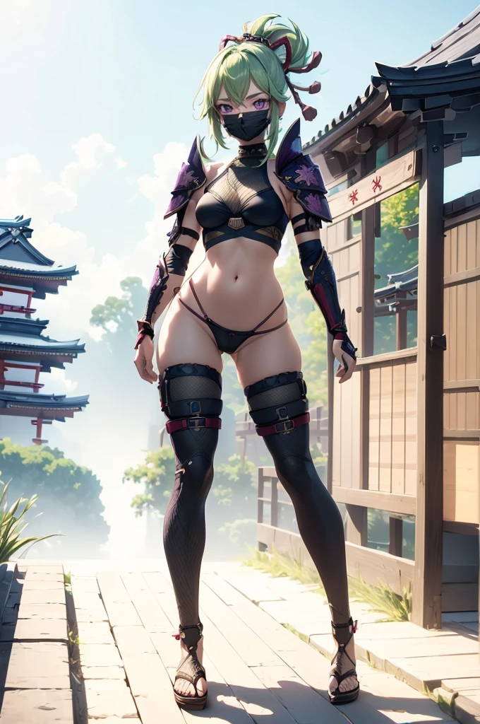 ((1girl, solo)), (((cowboy shot))), (legs apart:1.5), standing, beautiful body, (perfect anatomy, perfect body, perfect hands, perfect legs), natural proportions, sexy body, (large breasts:1.5), (full body, full-body shot, full body front:1.5) BREAK
((extremely detailed face)), (beautiful detailed eyes:1.6), (realistic pupils, realistic iris:1), expressive eyes, looking at viewer, (clear eyes:1.3), (hyperrealistic:1.2), (detailed skin texture:1.2), smooth skin, kuki shinobu, purple eyes, green hair, ((mouth mask)), perfect face, perfect eyes BREAK
ninja, (fishnet top:1.5), (crop top:1.5), cleavage, (cropped jacket:1.5), (shoulder armor:1.5), (arm guard:1.5), partially fingerless gloves, midriff, black panties, ((black thighhighs)), (((greaves))), sandals, (revealing clothes:1.5), (japanese armor:1.5), (samurai armor), (highleg panty straps:1.4), tassel, thighs, ass visible through thighs BREAK
outdoor, day, japanese building, east asian architecture BREAK
(masterpiece:1.5), anime-style, top quality, best quality, (beautiful and aesthetic:1.2), (ultra detail:1.5), Ultra-detailed depiction, Ultra-precise depiction, extremely detailed 8k illustration, high resolution, (highly detailed shading:1.2), (realistic lighting:1.4), perfect lighting, vibrant colors, dynamic tones, striking hues, 8k, absurd resolution, perfect shadows, hdr, UHD, ambient lighting, realistic, ultra-realistic, photo realistic, highly detailed, rich detail, luminous colors, fine texture, intricate design, professional illustration, (soft light:1.2), (illustration:0.7)