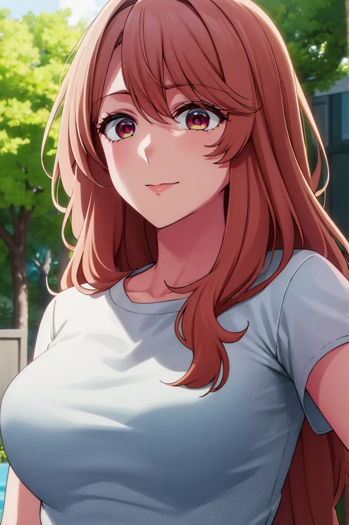 (masterpiece:1.3), (best quality:1.1), (8k, ultra detailed, ultra high res:1.2), ((anime style)), (perfect 5 fingers:1.1), perfect anatomy, 
1girl,
Miyako Saitou, 
BREAK long hair, wavy hair, 
BREAK strawberry blonde hair, 
red eyes, empty eyes, smile, t-shirt, 
BREAK (large breasts:0.9), looking at viewer, 
BREAK upper body, standing, 
outdoors, outside, sunny, summer, 