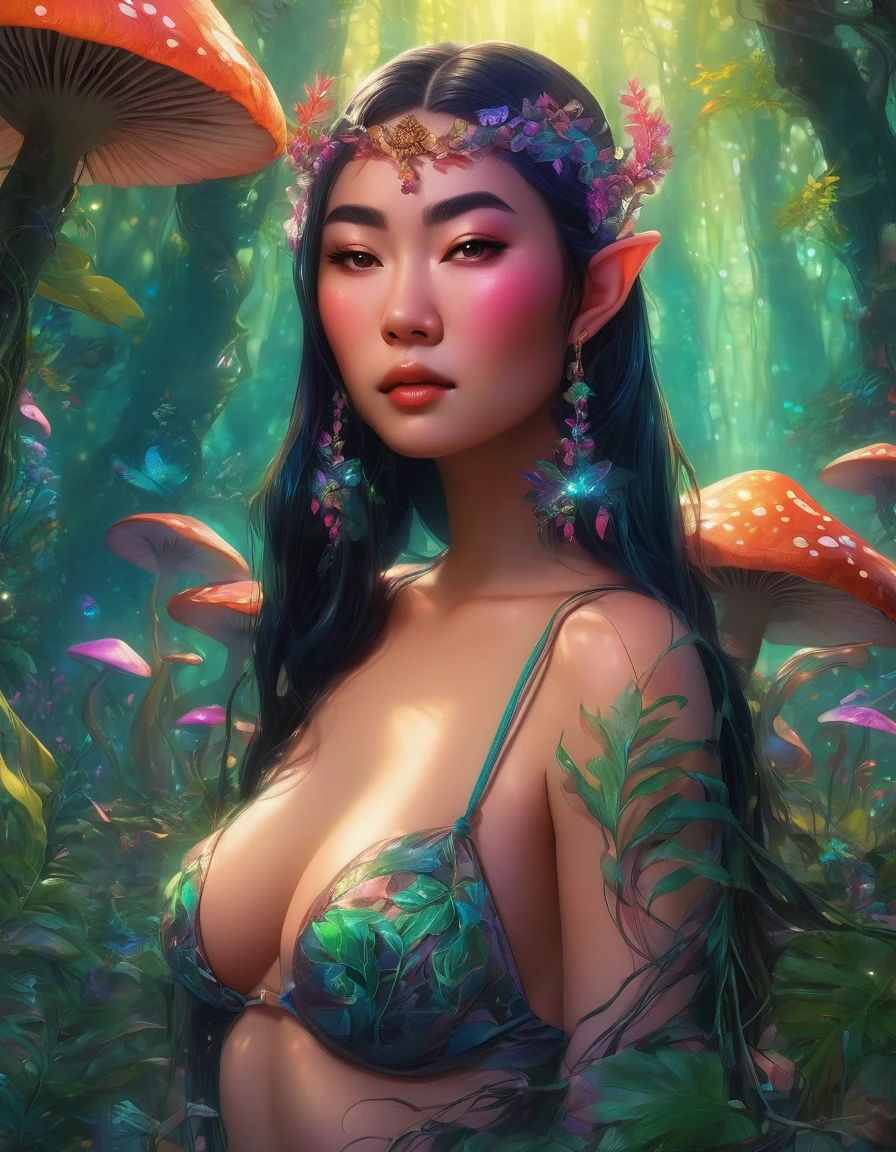 beautiful busty Asian woman elf, detailed face, long eyelashes, plump lips, plant thong bikini, fantasy landscape, detailed foliage, magical vines, glowing mushrooms, ethereal lighting, vibrant colors, cinematic lighting, 8k, high quality, hyper detailed, photorealistic