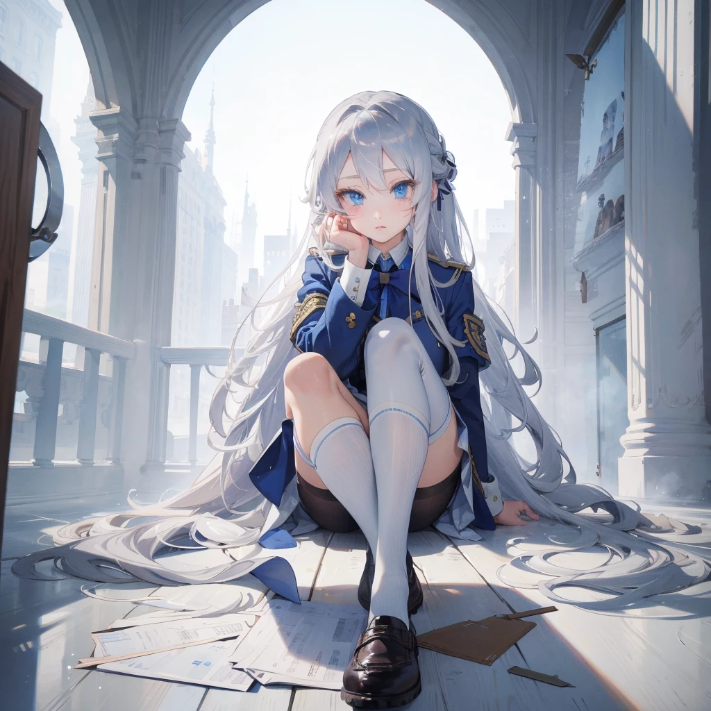 Silver Hair、Blue Eyes、Beautiful high school girl。uniform、Knee socks、