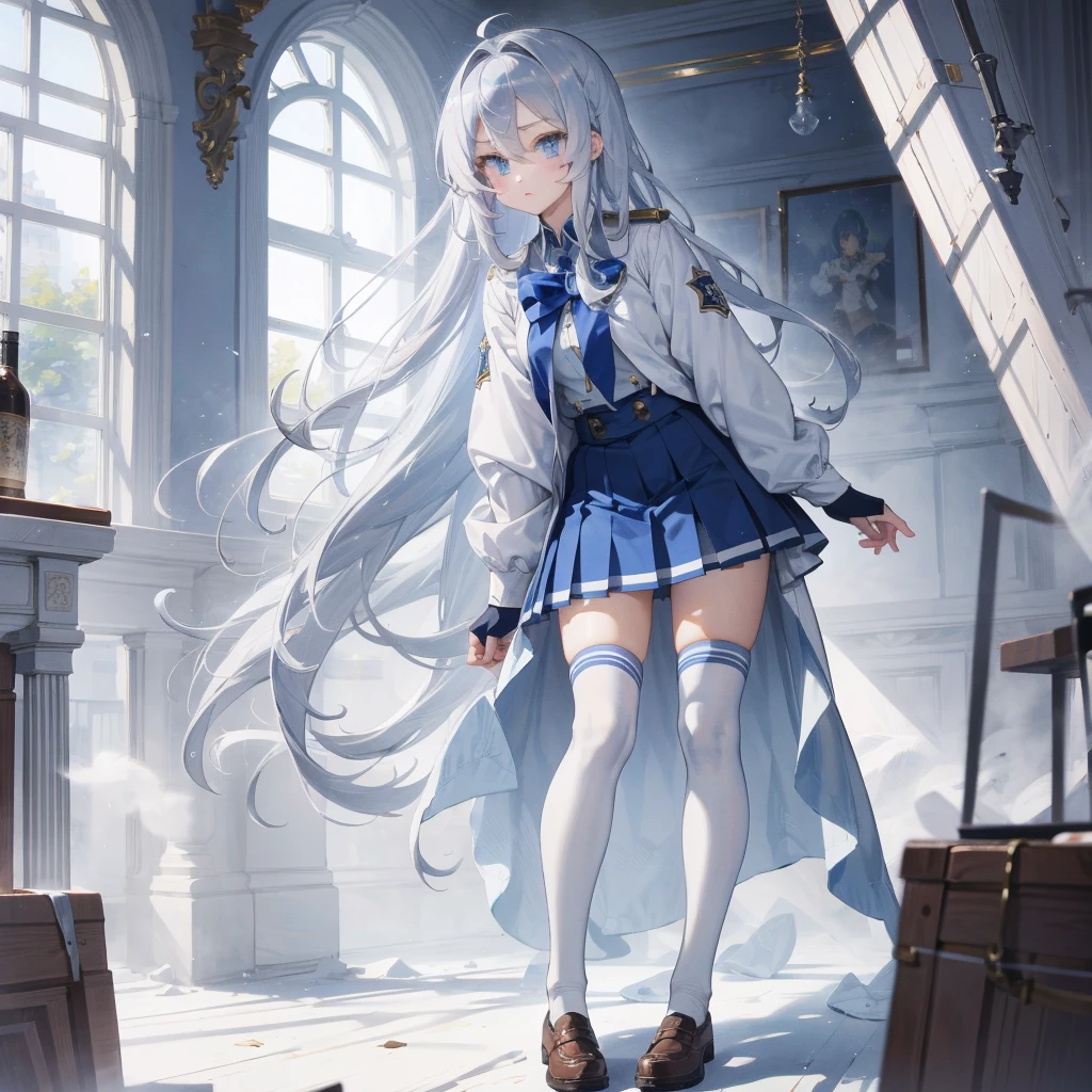 Silver Hair、Blue Eyes、Beautiful high school girl。uniform、Knee socks、
