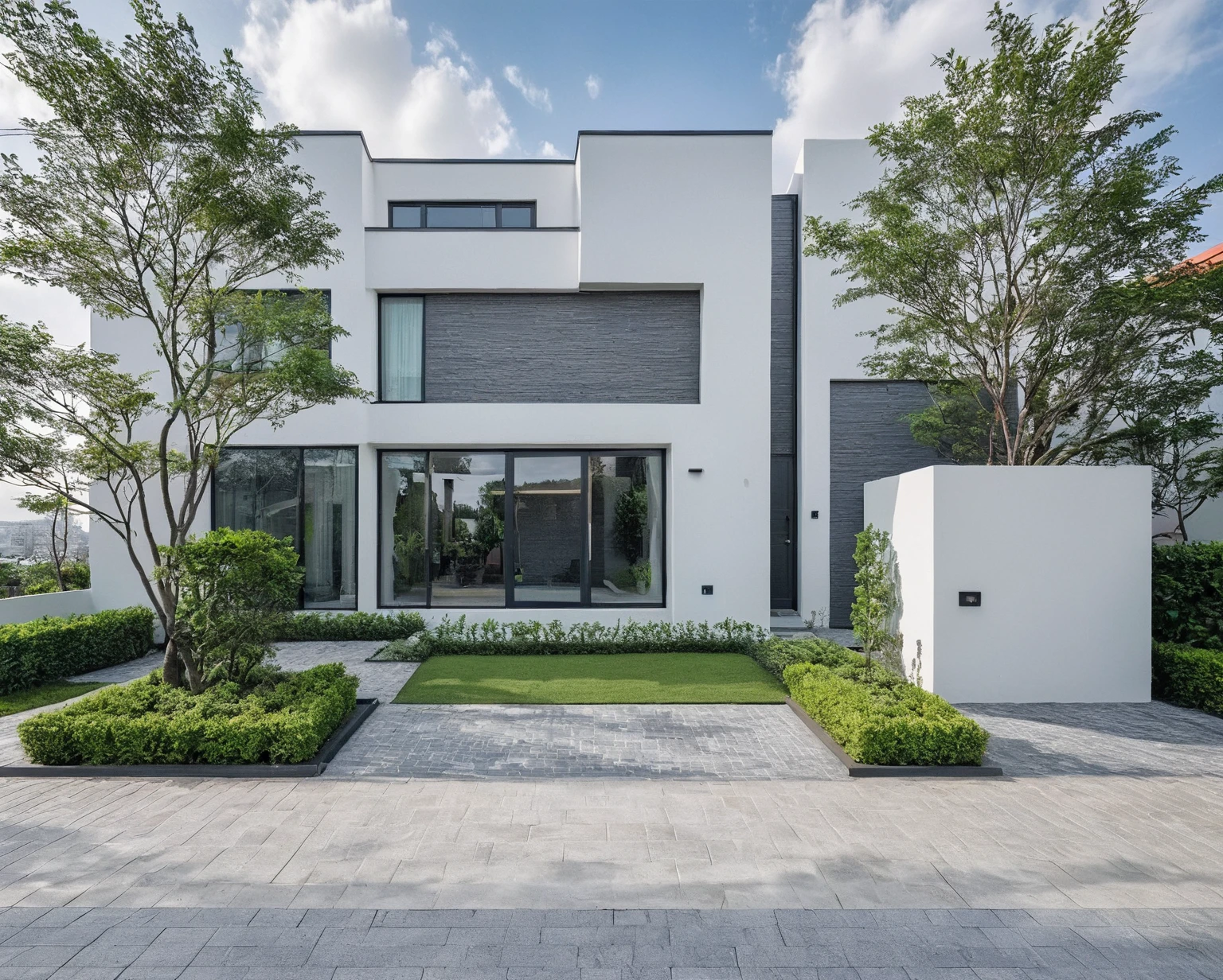 Raw photo, masterpiece, high quality, best quality, realistic, super detailed, outdoor, 2-storey house, modern townhouse style, (white wall), curved wall facade, aluminum interior door glass, curved planter, gray tiled accent wall, gray iron box exterior gate, road, sidewalk, grass, trees, sky, clouds, (daylight):1.1)