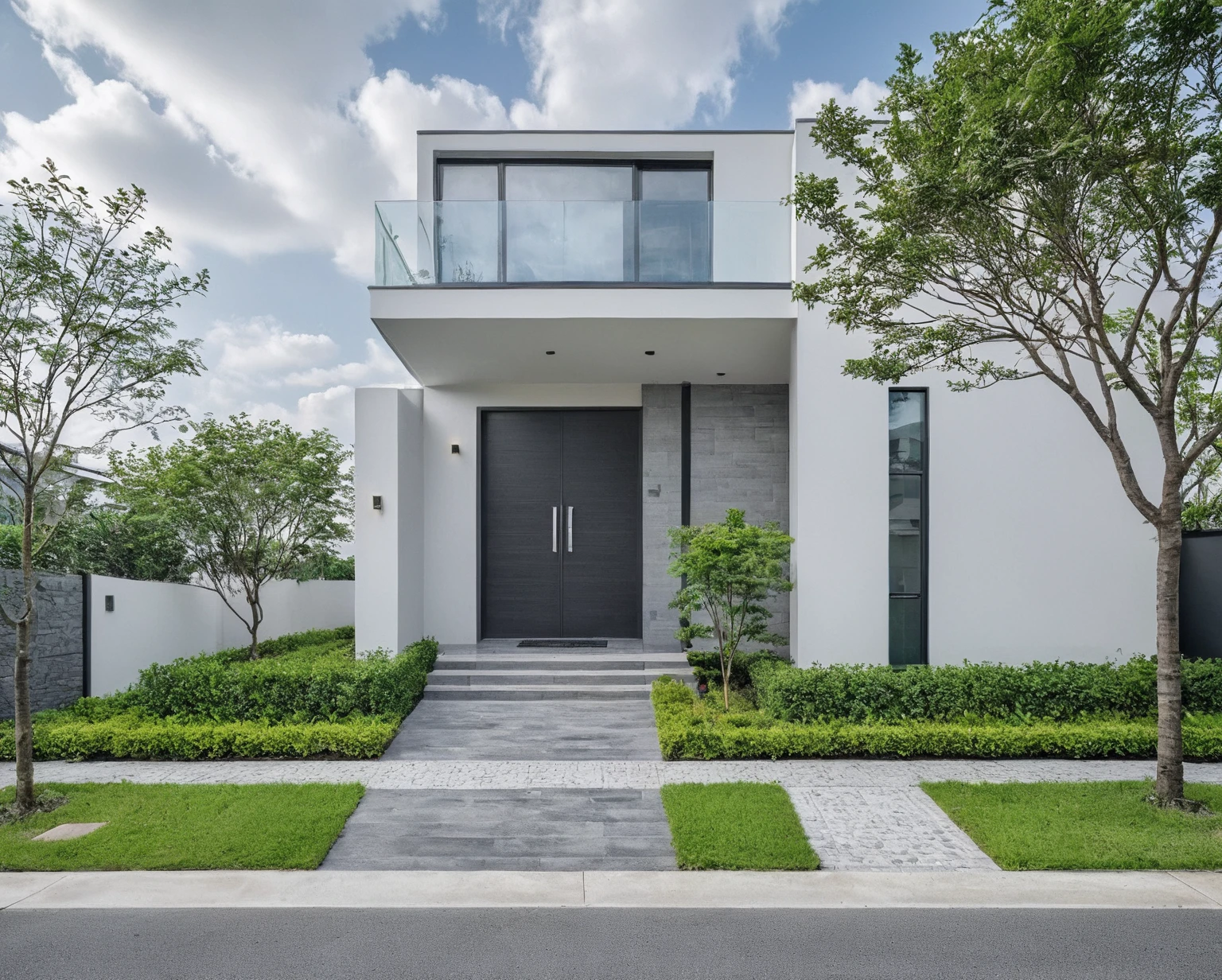 Raw photo, masterpiece, high quality, best quality, realistic, super detailed, outdoor, 2-storey house, modern townhouse style, (white wall), curved wall facade, aluminum interior door glass, curved planter, gray tiled accent wall, gray iron box exterior gate, road, sidewalk, grass, trees, sky, clouds, (daylight):1.1)