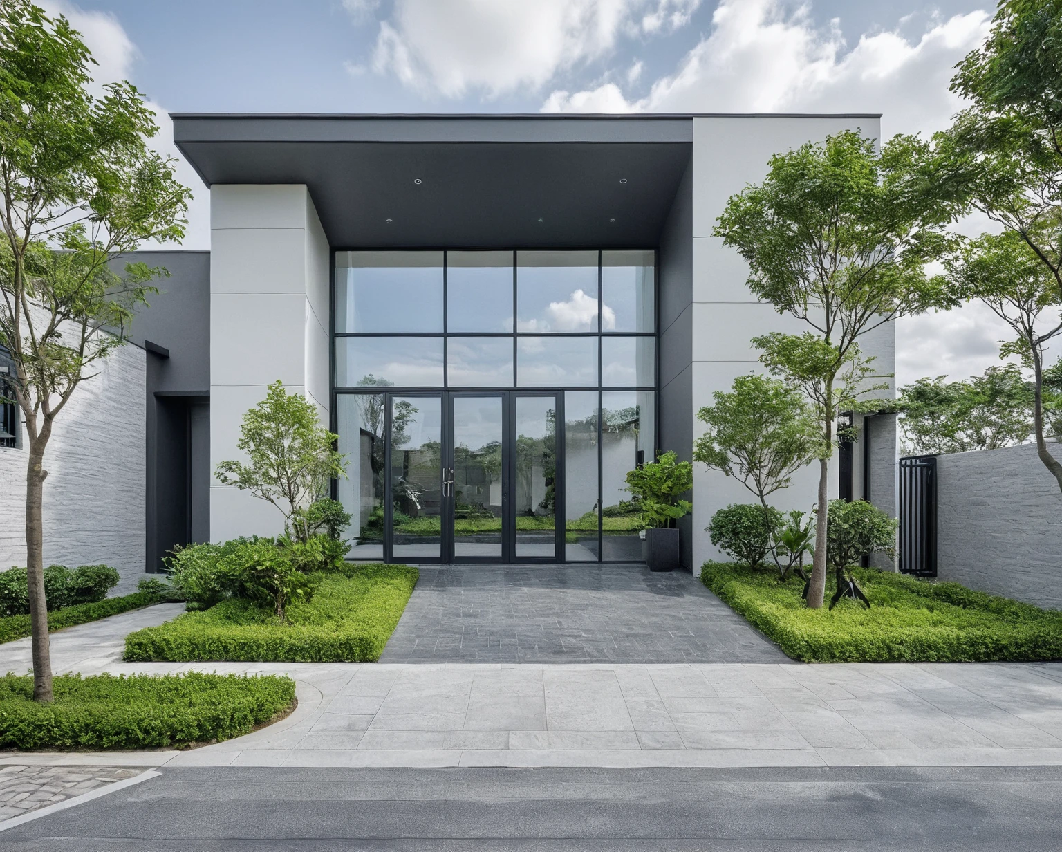 Raw photo, masterpiece, high quality, best quality, realistic, super detailed, outdoor, 2-storey house, modern townhouse style, (white wall), curved wall facade, aluminum interior door glass, curved planter, gray tiled accent wall, gray iron box exterior gate, road, sidewalk, grass, trees, sky, clouds, (daylight):1.1)