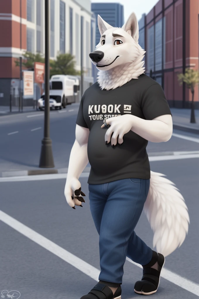 Varvara\(Moscow\), (white body:1.3), white fur, Brown eyes, Moscow, dressed, T-shirt, jeans, black heeled sandals dog, wolf, Detailed fur, Woman, breasts, anthro, paw pads, nails, treats guests, waves to the viewer, 5 fingers, paws, 4 fingers, ring, a white wolf cub walks with a newborn son, from Nextel, for dating, from a xenoforge, (complex, high detail, shooting, soft focus, RAW son walking, stroller newborn son, 
Photorealism, realism, photorealism, digital style, Subsurface scattering,
masterpiece, Best quality, ultra realistic, 8k)