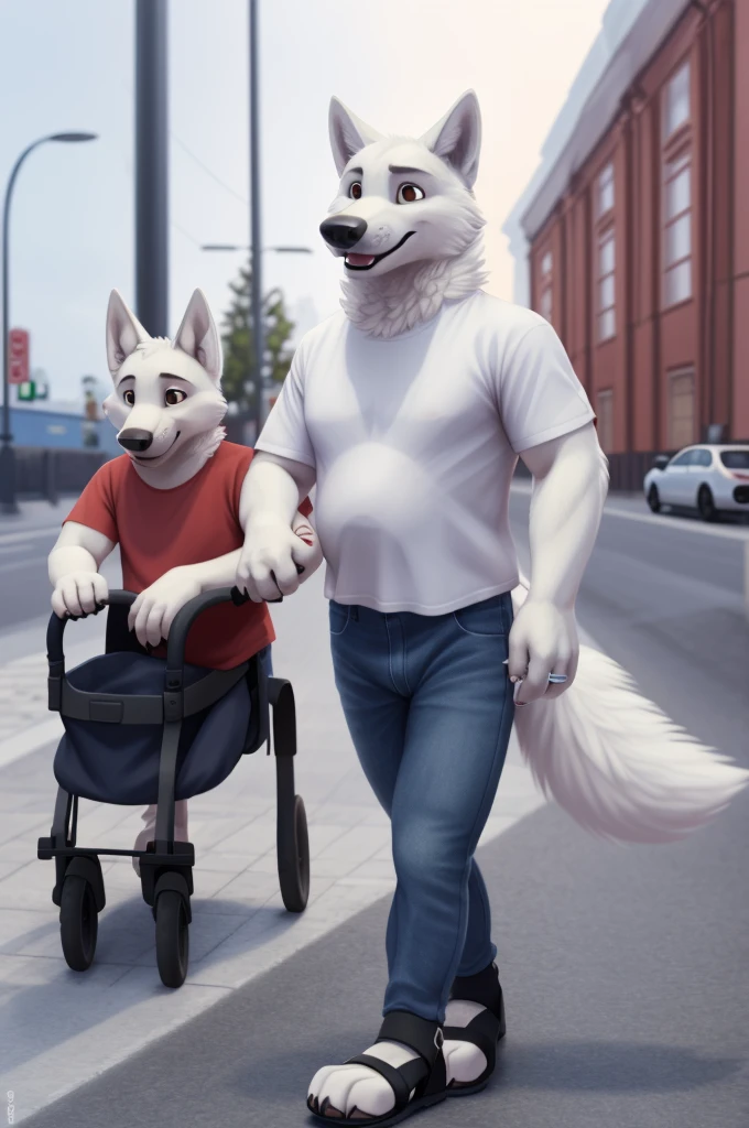 Varvara\(Moscow\), (white body:1.3), white fur, Brown eyes, Moscow, dressed, T-shirt, jeans, black heeled sandals dog, wolf, Detailed fur, Woman, , anthro, paw pads, nails, treats guests, waves to the viewer, 5 fingers, paws, 4 fingers, ring, a white wolf cub walks with a newborn son, from Nextel, for dating, from a xenoforge, (complex, high detail, shooting, soft focus, RAW son walking, stroller newborn son, 
Photorealism, realism, photorealism, digital style, Subsurface scatter
masterpiece, Best quality, ultra realistic, 8k)