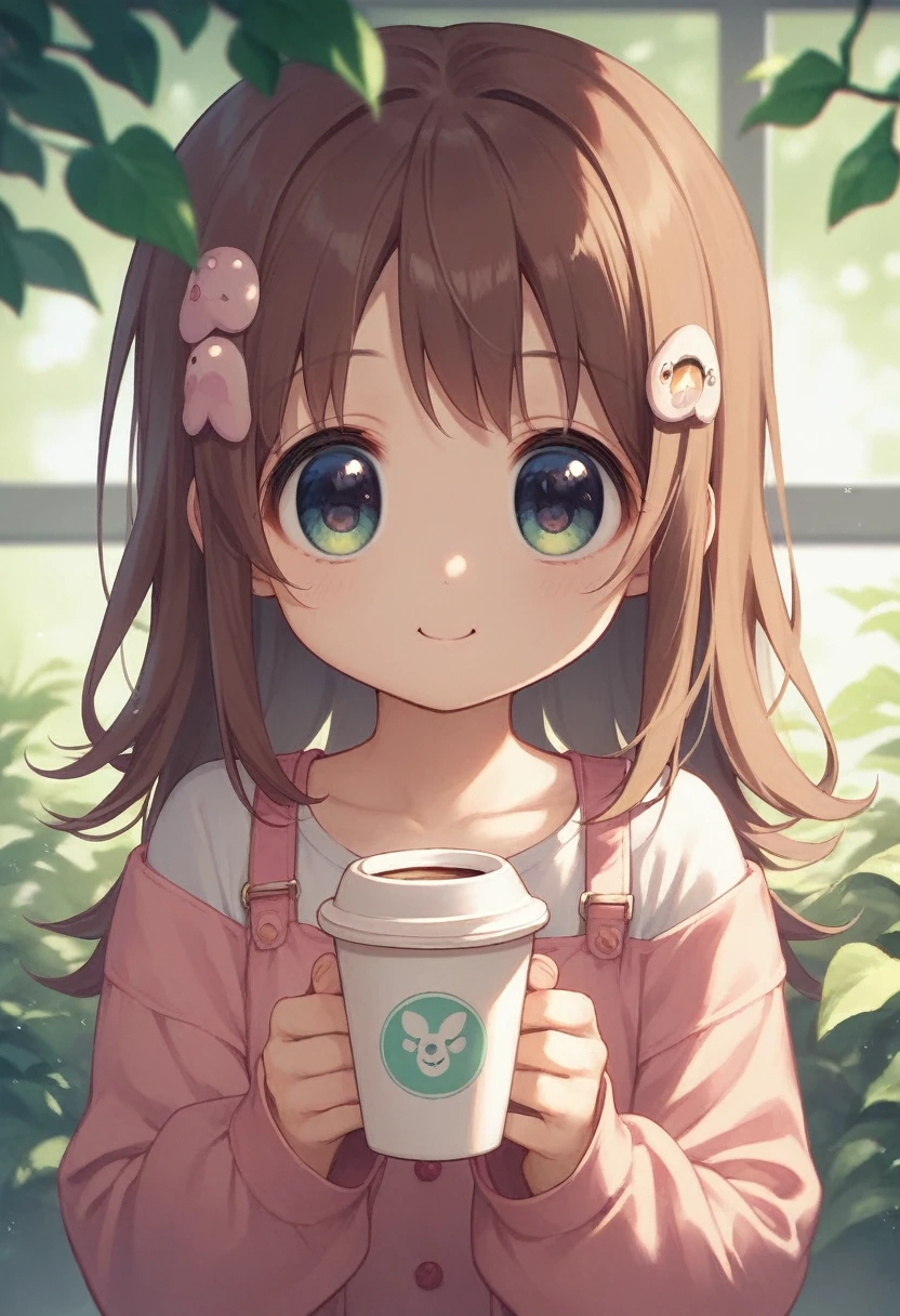 A young girl holds a cup of coffee in her hands, Girl Cute - Delicate Face, Cute and natural anime face, With a cute and delicate face, Sakimi Chen, Chiho, Yoshitomo Nara, Young cute face, Beautiful girl face, Brown hair and big eyes, Cute kawaii girl, Beautiful bright big eyes