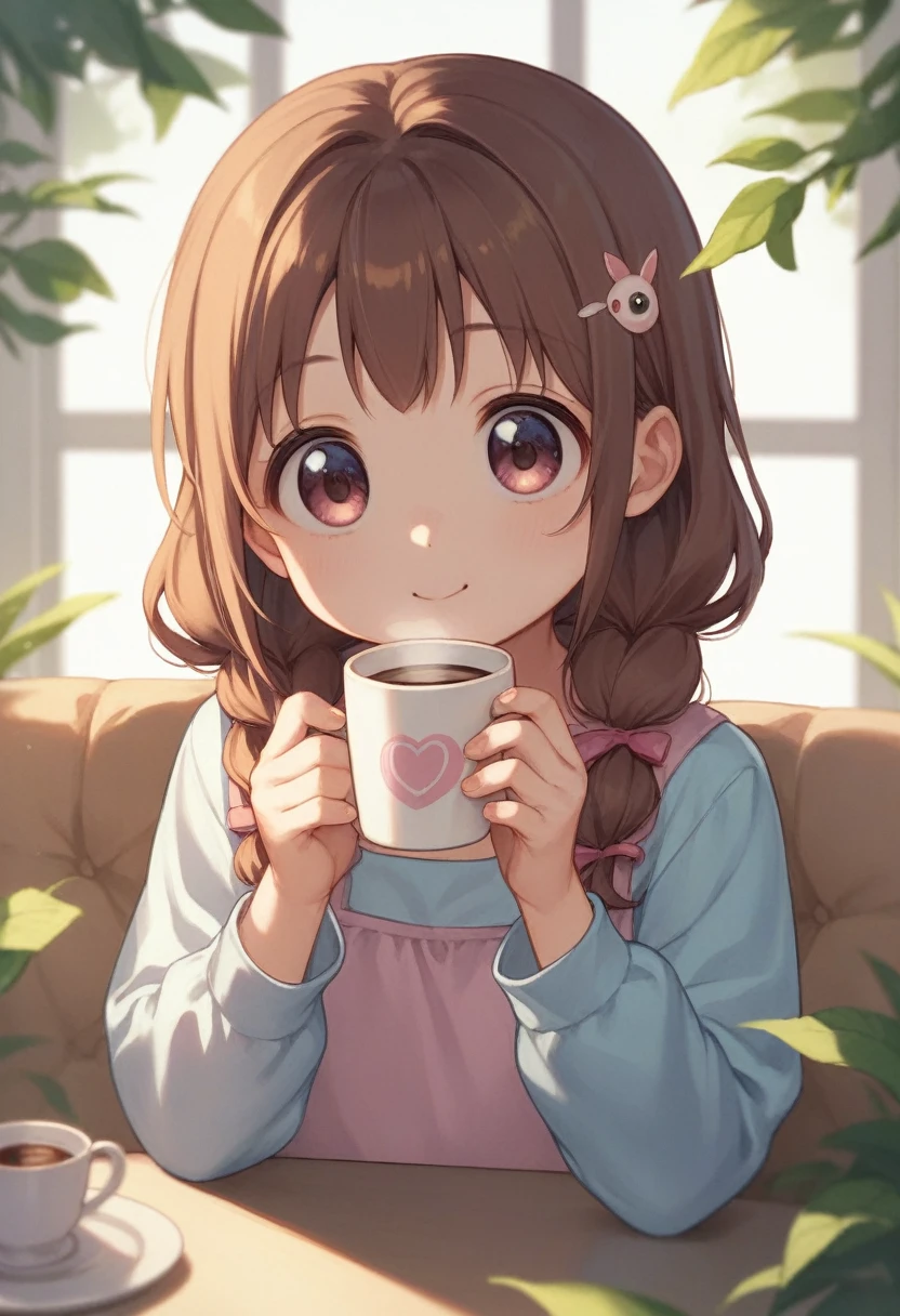 A young girl holds a cup of coffee in her hands, Girl Cute - Delicate Face, Cute and natural anime face, With a cute and delicate face, Sakimi Chen, Chiho, Yoshitomo Nara, Young cute face, Beautiful girl face, Brown hair and big eyes, Cute kawaii girl, Beautiful bright big eyes