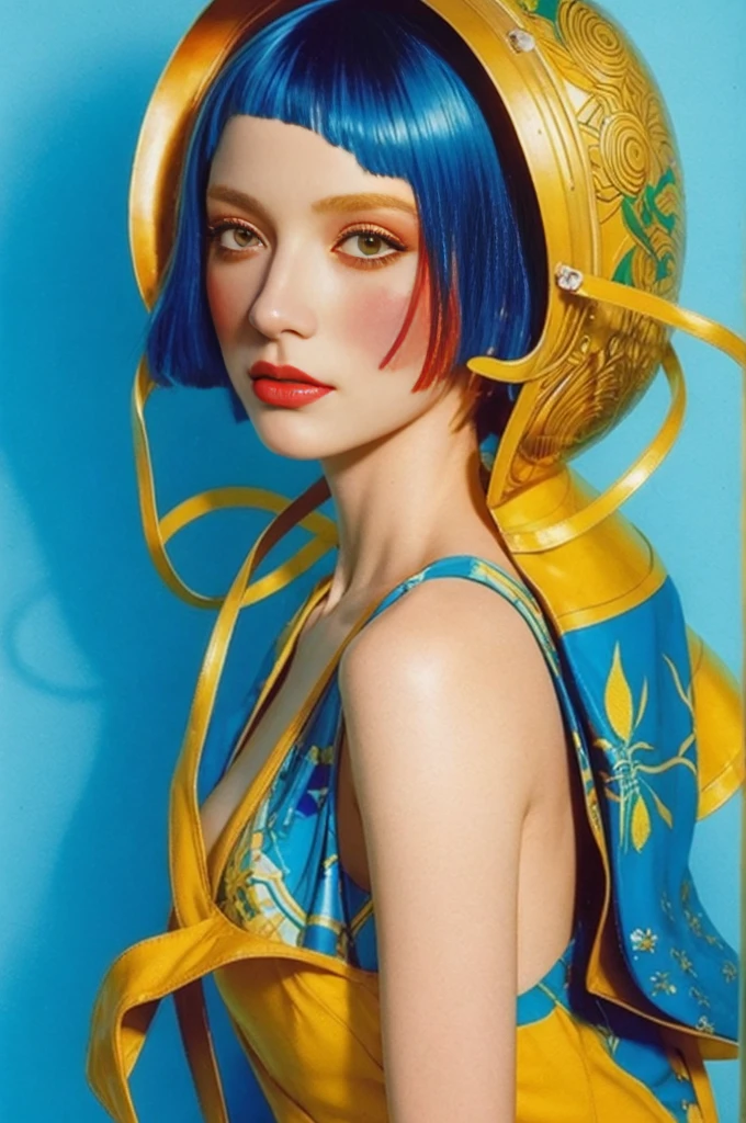 in the style of cyberpunk futurism, african influence, etam cru, light blue and gold, michael creese, steelpunk, michael hussar, white background