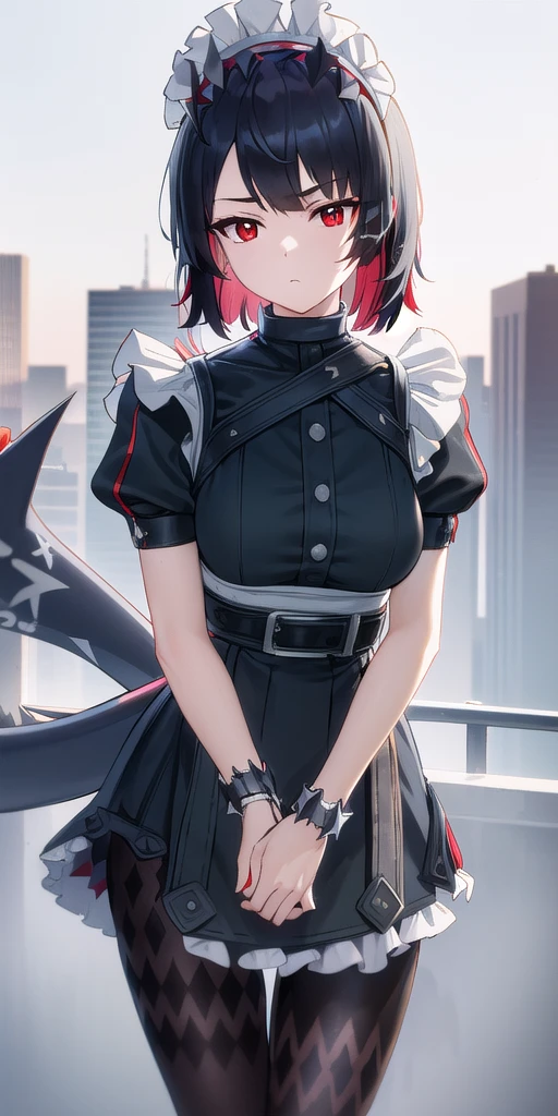 Anti-Joe, Ugly Joe, Black Hair, Colored undercoat, multicoloRed hair, (Red Eyes:1.3), Red hair, short hair, Two-tone hair,
rest bapron, black Pantyhose, black shirt, black skirt, ear punching, arrive, fish Tail, maid, maid apron, maid headdress, Pantyhose, punching, puffy Short sleeve, Puff sleeves, Shark Girl, shark Tail, shirt, Short sleeve, skirt, Tail, Two-tone hair, Wrist sleeves,
rest outdoors, City, Sky, cloud, sun, architecture, crowd, people, alley,
rest looking at viewer, (Cowboy shooting:1.5),
rest (masterpiece:1.2), best quality, high resolution, Unity 8K wallpaper, (illustration:0.8), (beautiful deTailed eyes:1.6), extremely deTailed face, Perfect lighting, extremely deTailed CG, (Perfect hands, Perfect anatomical structure),