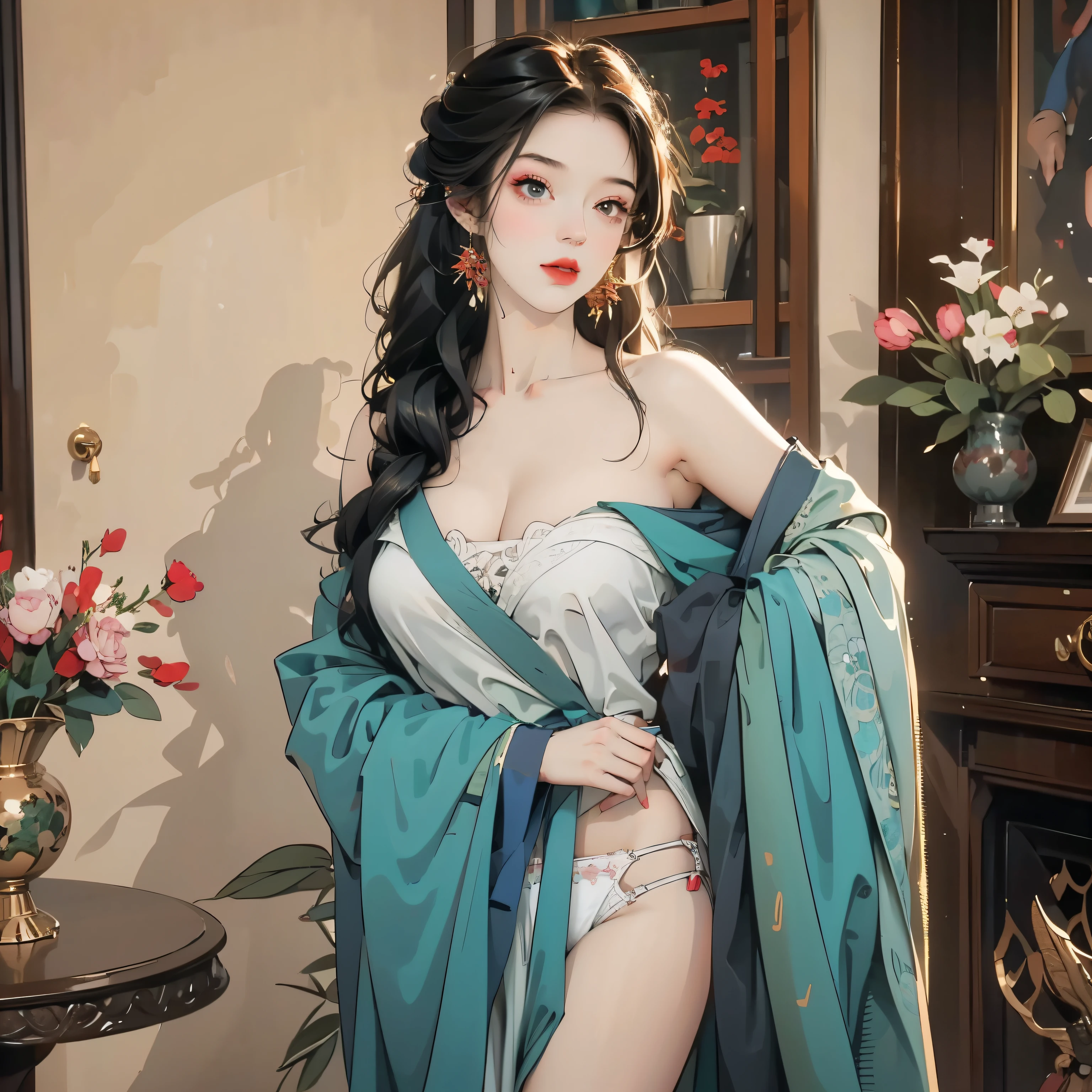 best quality, masterpiece, Ultra-high resolution, (Reality: 1.4), original photo, 1 Girl, Pink strapless, light，whole body, Big Breasts, Cleavage, background, Flowers, exposed, underwear, Vanishing hands, Exquisite facial features, streaked hair, long hair, wavy hair, rimless eyewear, longeyelashes, mole under eye, earrings, makeup, shy, parted lips, happy, 85mm, super detail, high quality, accurate, highres