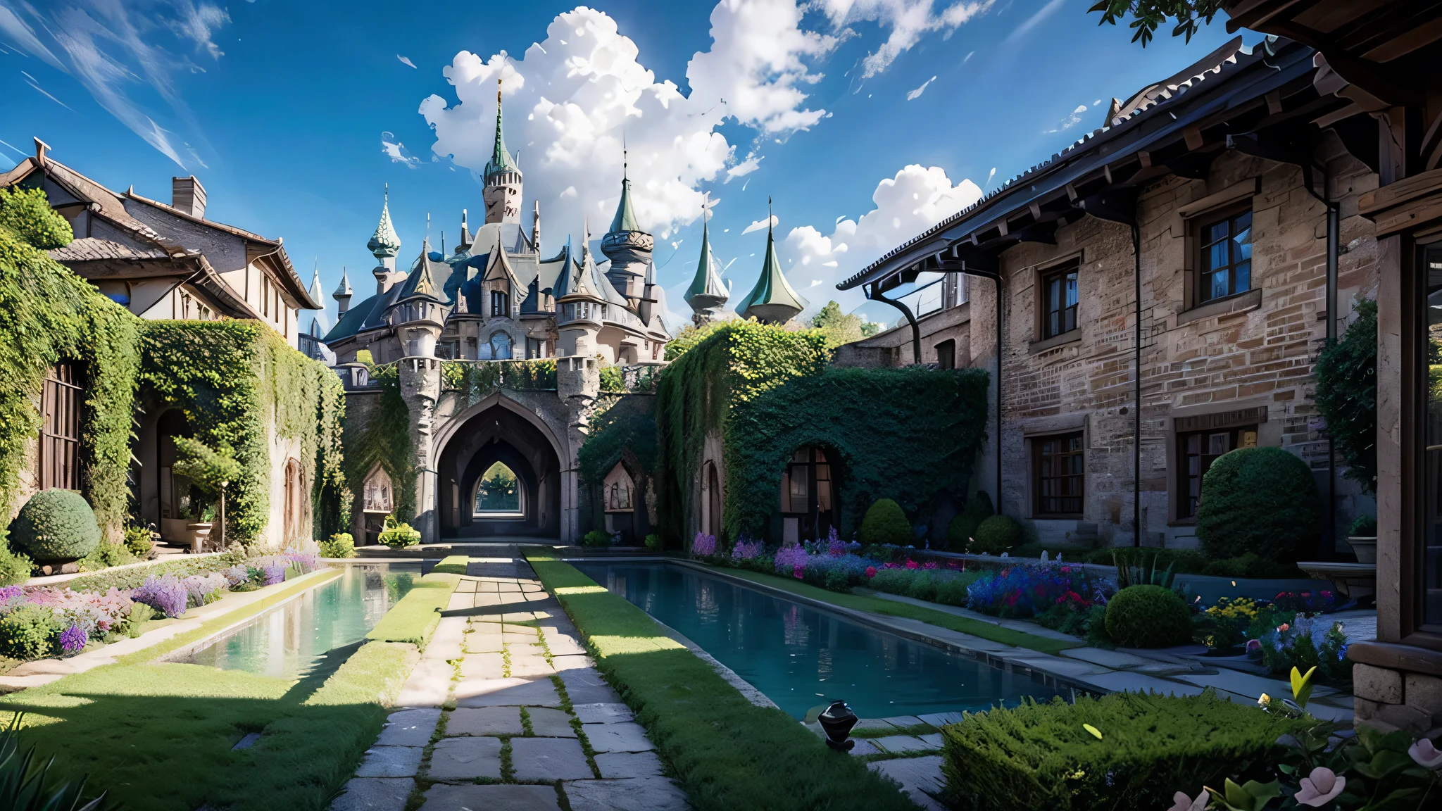 GENERATE A HIGH RESOLUTION FANTASY IMAGE THAT CONTAINS A CASTLE IN THE BACKGROUND AND A PASTE GARDEN IN THE FRONT