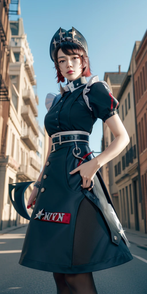 Anti-Joe, Ugly Joe, Black Hair, Colored undercoat, multicoloRed hair, (Red Eyes:1.3), Red hair, short hair, Two-tone hair,
rest bapron, black Pantyhose, black shirt, black skirt, ear punching, arrive, fish Tail, maid, maid apron, maid headdress, Pantyhose, punching, puffy Short sleeve, Puff sleeves, Shark Girl, shark Tail, shirt, Short sleeve, skirt, Tail, Two-tone hair, Wrist sleeves,
rest outdoors, City, Sky, cloud, sun, architecture, crowd, people, alley,
rest looking at viewer, (Cowboy shooting:1.5),
rest (masterpiece:1.2), best quality, high resolution, Unity 8K wallpaper, (illustration:0.8), (beautiful deTailed eyes:1.6), extremely deTailed face, Perfect lighting, extremely deTailed CG, (Perfect hands, Perfect anatomical structure),