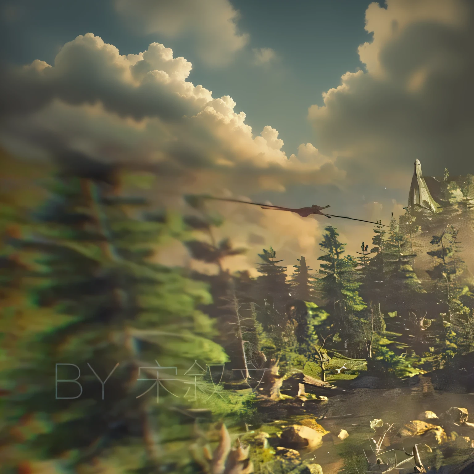Sky above、cloud、Dinosaur,Grass below