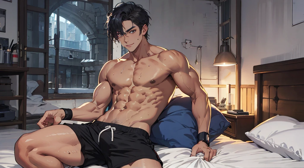 (absurd, high resolution, Extremely detailed),1 man, Mature and handsome man, Blushing smile，Seductive expression, Solitary, muscular, Muscle Man, High target, handsome guy, Big biceps, Abdominal muscles, thigh, Broad shoulders, Open the chest,Big bulge, Black short hair,sweat, Sweaty hair, Shirtless, Sit on the bed and relax, Black shorts, Viewers Watching, high resolution:1.2, best quality, Upper body shooting, Flat style, Ambiguous room background, Low photographic angle, Volumetric Lighting, Depth of Field, shadow,Romantic environment