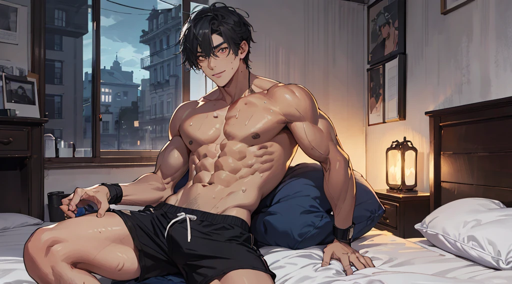(absurd, high resolution, Extremely detailed),1 man, Mature and handsome man, Blushing smile,Seductive expression, Solitary, muscular, Muscle Man, High target, handsome guy, Big biceps, Abdominal muscles, thigh, Broad shoulders, Open the chest,Big bulge, Black short hair,sweat, Sweaty hair, Shirtless, Sit on the bed and relax, Black shorts, Viewers Watching, high resolution:1.2, best quality, Upper body shooting, Flat style, Ambiguous room background, Low photographic angle, Volumetric Lighting, Depth of Field, shadow,Romantic environment