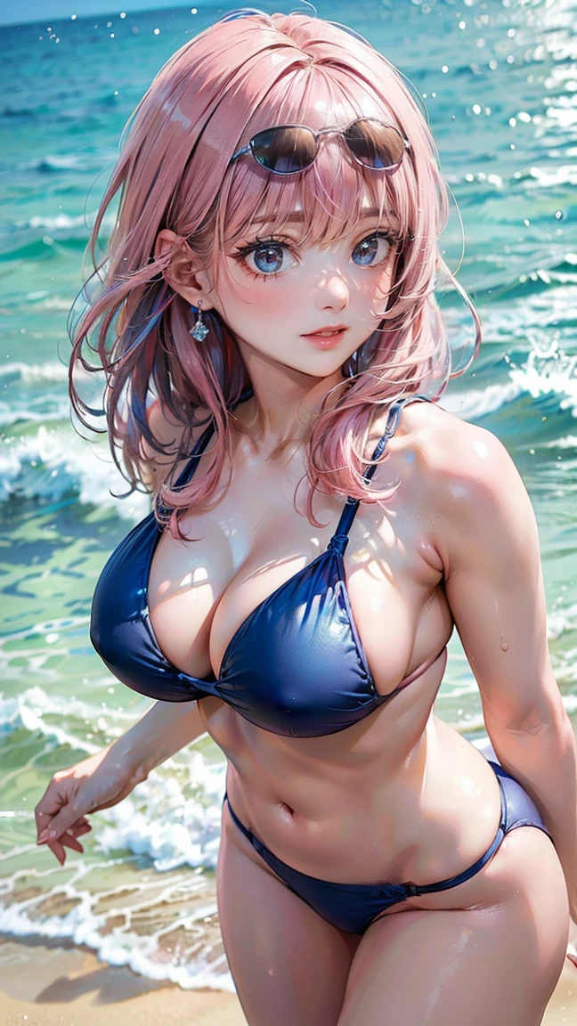 (Masterpiece, BestQuality:1.3), (ultra detailed:1.2), (hyperrealistic:1.3), (RAW photo:1.2), High detail RAW color photo, professional photograph, (Photorealistic:1.4), (realistic:1.4), (Pink Hair:1.5), professional lighting, perfect anatomy, (Big Breasts:1.2), (blush, detailed face), (A happy smile:1.7), sexly, erotic sexly, Random sexy gravure poses, (A girl in a blue bikini and sunglasses、Standing on the shoreline of a beach with crystal clear water、Striking a provocative pose。:1.3)