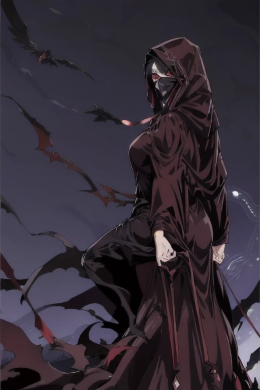 No name assassin, anime, 1girl, human skin, solo, red eyes, normal, cloak, robe, long skirt, mask, hood, best quality, masterpiece, cape, black cape, two-sided cape, bedroom, room, laying back, side angle 