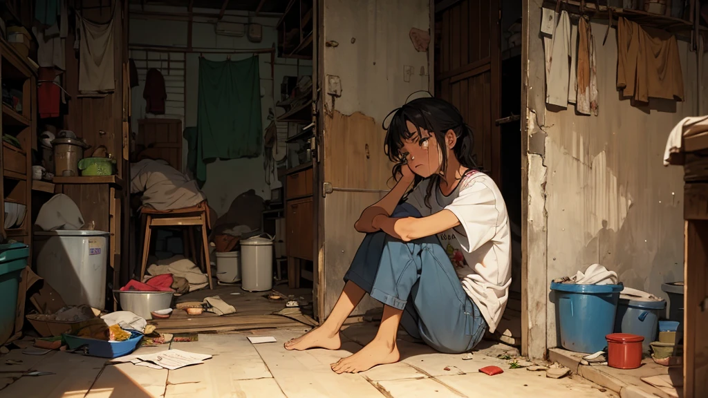 Sad crying sitting in the corner of a kitchen, worn out Brazil t-shirt, poverty, famine, misery, dirty body without showering, thousands of big insects flying motion.