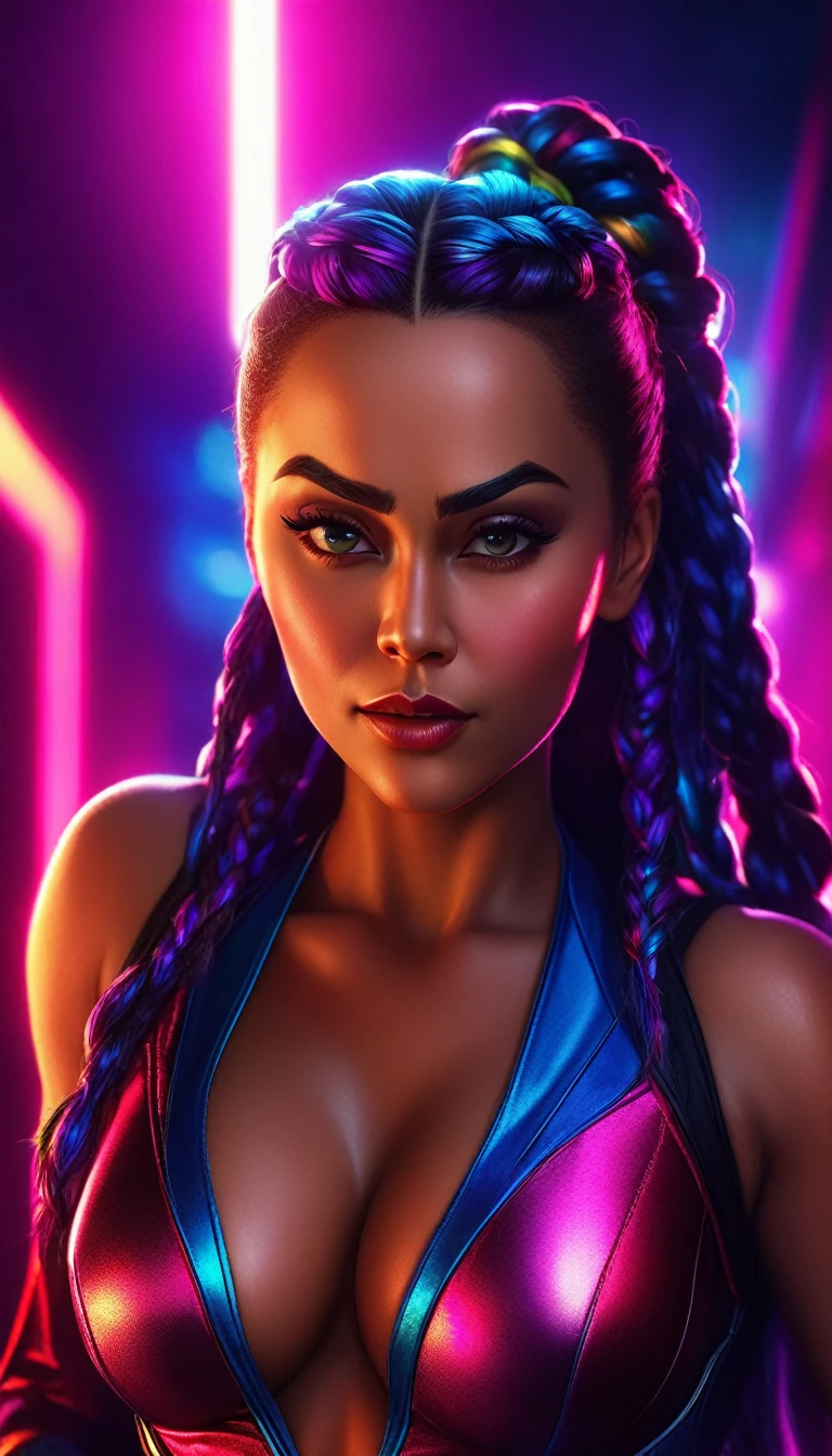 a beautiful woman with big breasts, flirtatious expression, wearing a revealing superhero costume, braided hair, dramatic lighting, vibrant colors, high quality digital art, cinematic composition, photorealistic, masterpiece, 8k, ultra-detailed, full view