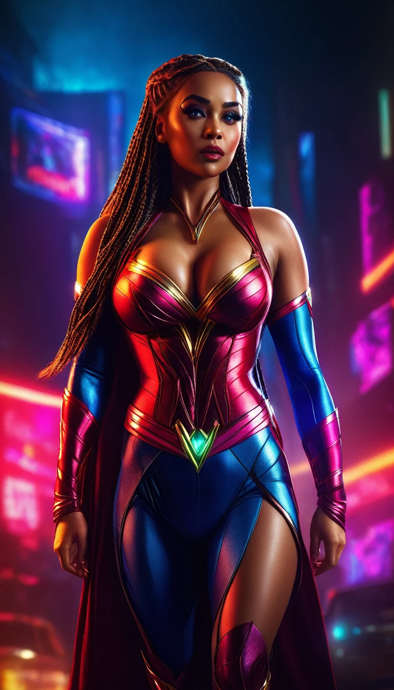 a beautiful woman with big breasts, flirtatious expression, wearing a revealing superhero costume, braided hair, dramatic lighting, vibrant colors, high quality digital art, cinematic composition, photorealistic, masterpiece, 8k, ultra-detailed, full view
