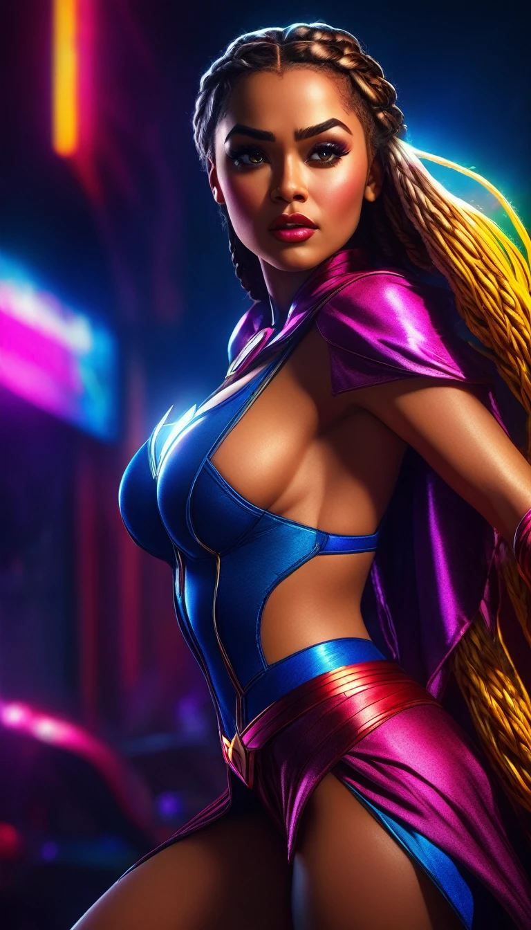 a beautiful woman with big breasts, flirtatious expression, wearing a revealing superhero costume, braided hair, dramatic lighting, vibrant colors, high quality digital art, cinematic composition, photorealistic, masterpiece, 8k, ultra-detailed, full view