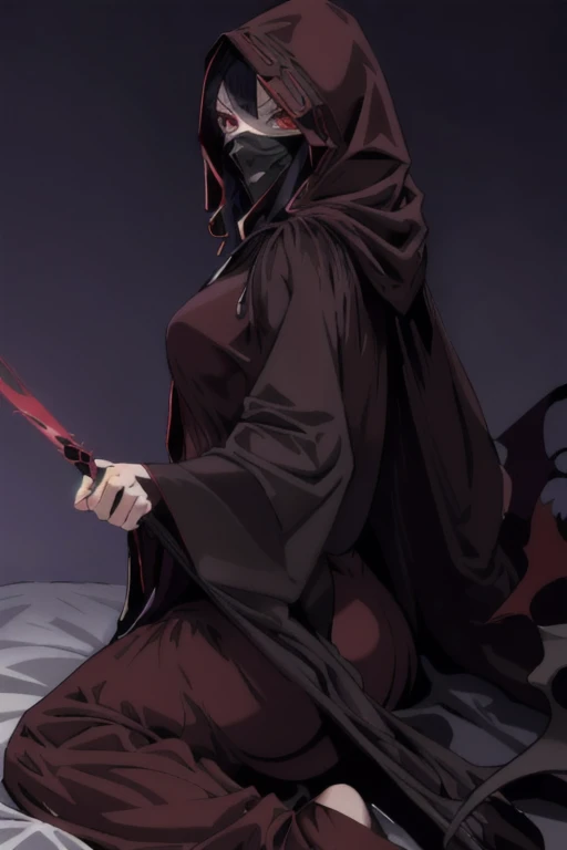 No name assassin, anime, 1girl, human skin, solo, red eyes, normal, cloak, robe, long skirt, mask, hood, best quality, masterpiece, cape, black cape, two-sided cape, bedroom, room, laying back, side angle 