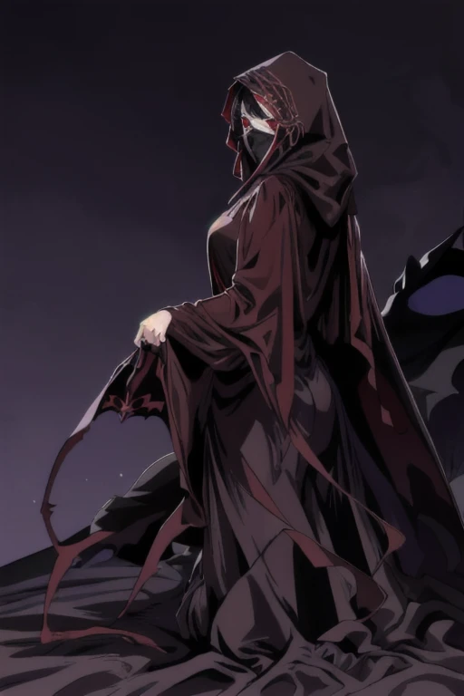 No name assassin, anime, 1girl, human skin, solo, red eyes, normal, cloak, robe, long skirt, mask, hood, best quality, masterpiece, cape, black cape, two-sided cape, bedroom, room, laying back, side angle