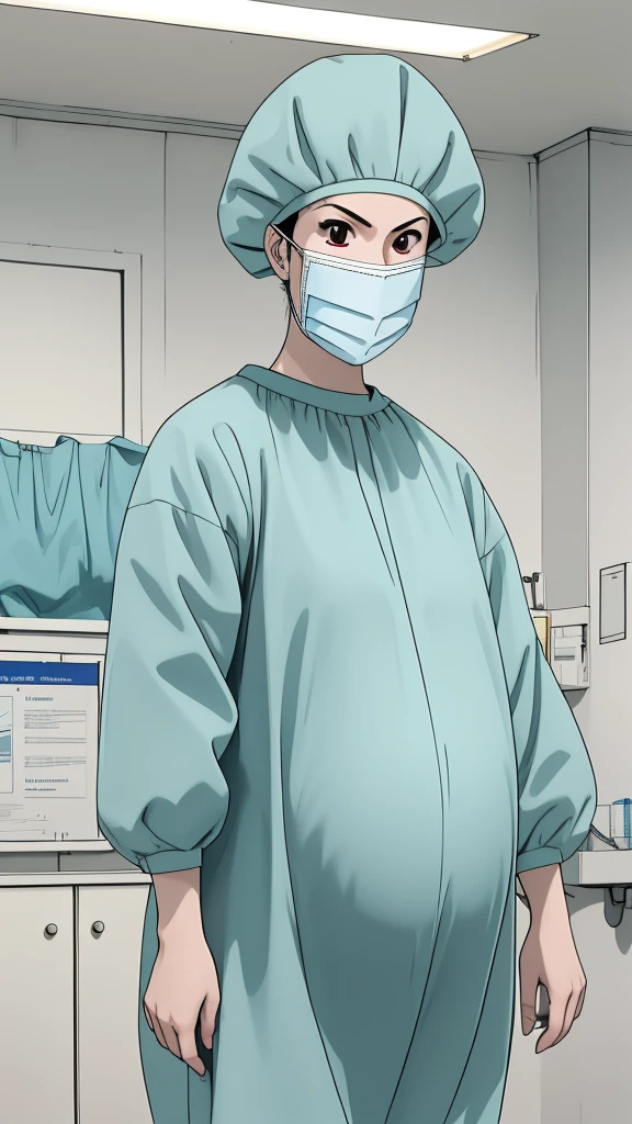 masterpiece, highest quality, the view is turned slightly to the side, (RAW photo, best quality), 1girl, frown, pale skin, shy eyes, big breasts, big tits, pregnant, stand, natural lighting, solo, hospital, in the operating room,
ray kasugano, pregnant with big belly, (give a score of 9_give a score of 8_give a score of 7) long sleeve Surgical dress, surgical cap, cover ears, surgical mask, long surgical gloves,