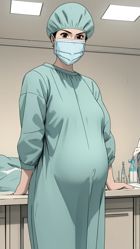 masterpiece, highest quality, the view is turned slightly to the side, (RAW photo, best quality), 1girl, frown, pale skin, shy eyes, big breasts, big tits, pregnant, stand, natural lighting, solo, hospital, in the operating room, 
ray kasugano, pregnant with big belly, (give a score of 9_give a score of 8_give a score of 7) long sleeve Surgical dress, surgical cap, cover ears, surgical mask, long surgical gloves, 