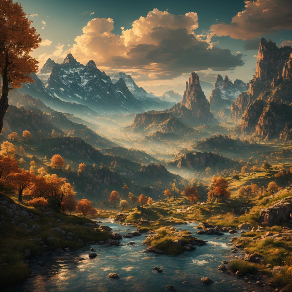 Romantic landscape art, (Best Works), Ultra wide angle, Octane Rendering, improve, complex, (best quality, masterpiece, representative work, Official Art, professional, Unity 8K wallpaper:1.3)