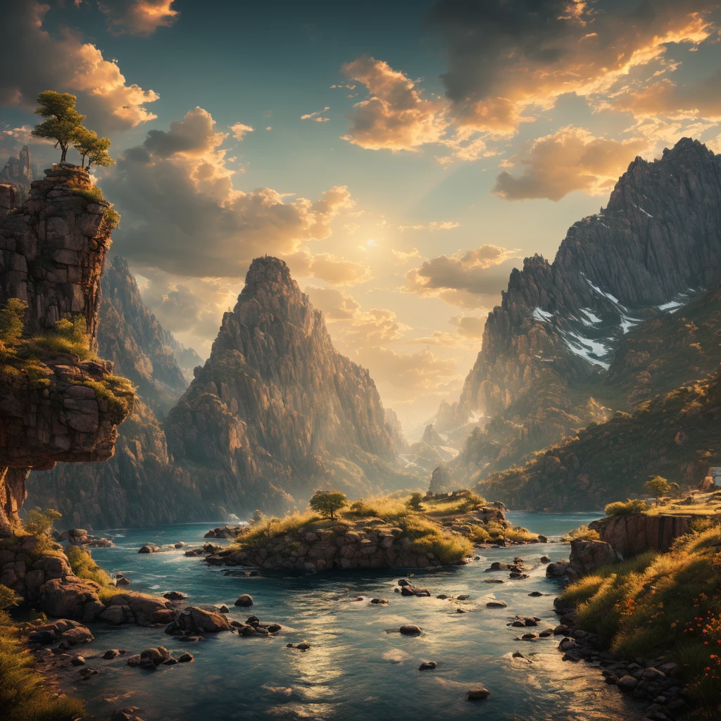 Romantic landscape art, (Best Works), Ultra wide angle, Octane Rendering, improve, complex, (best quality, masterpiece, representative work, Official Art, professional, Unity 8K wallpaper:1.3)