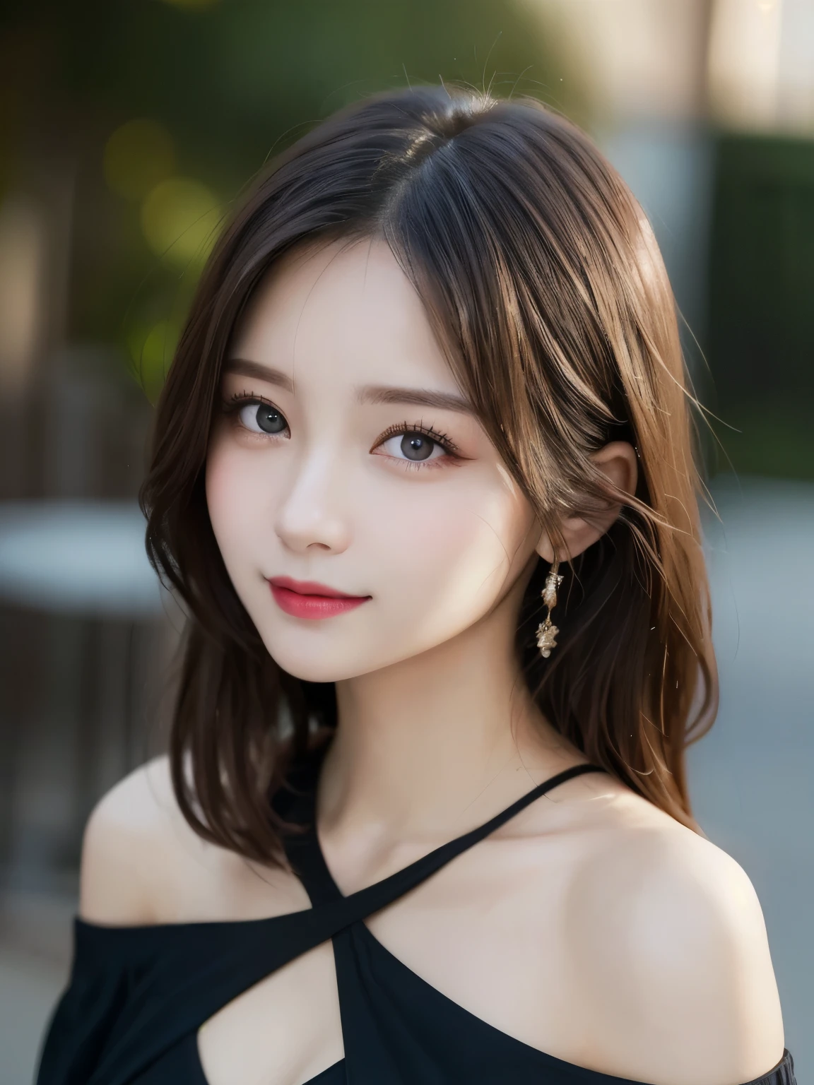 table top, highest quality, shape, Super detailed, finely, High resolution, 8k wallpaper, Perfect dynamic shape, beautiful and detailed eyes, D cup, natural color lip, random sexy pose,smile、20 year old girl、midnight、Beautiful and dense face、perfect and beautiful face,Big eyes、real photos（best image quality）,Sheer off-shoulder dress (black)、looking at camera、Please stand、Do gal makeup,blurred background