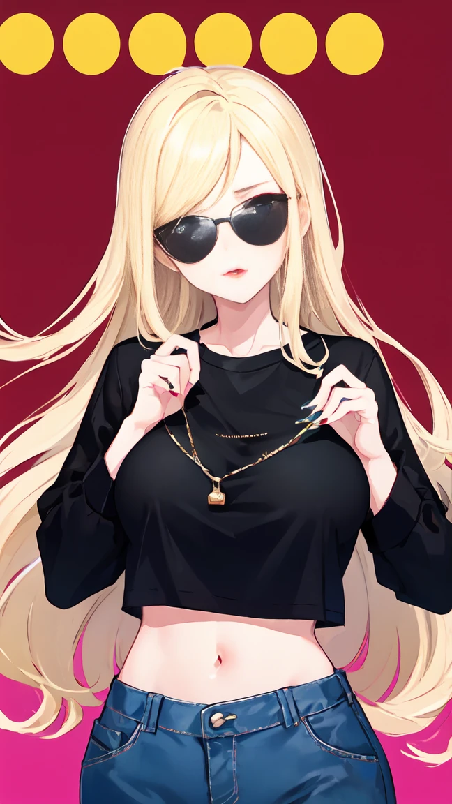 blonde woman, with fashionable black sunglasses, with a long-sleeved shirt, with her navel visible, with gray pants, makeup, lip