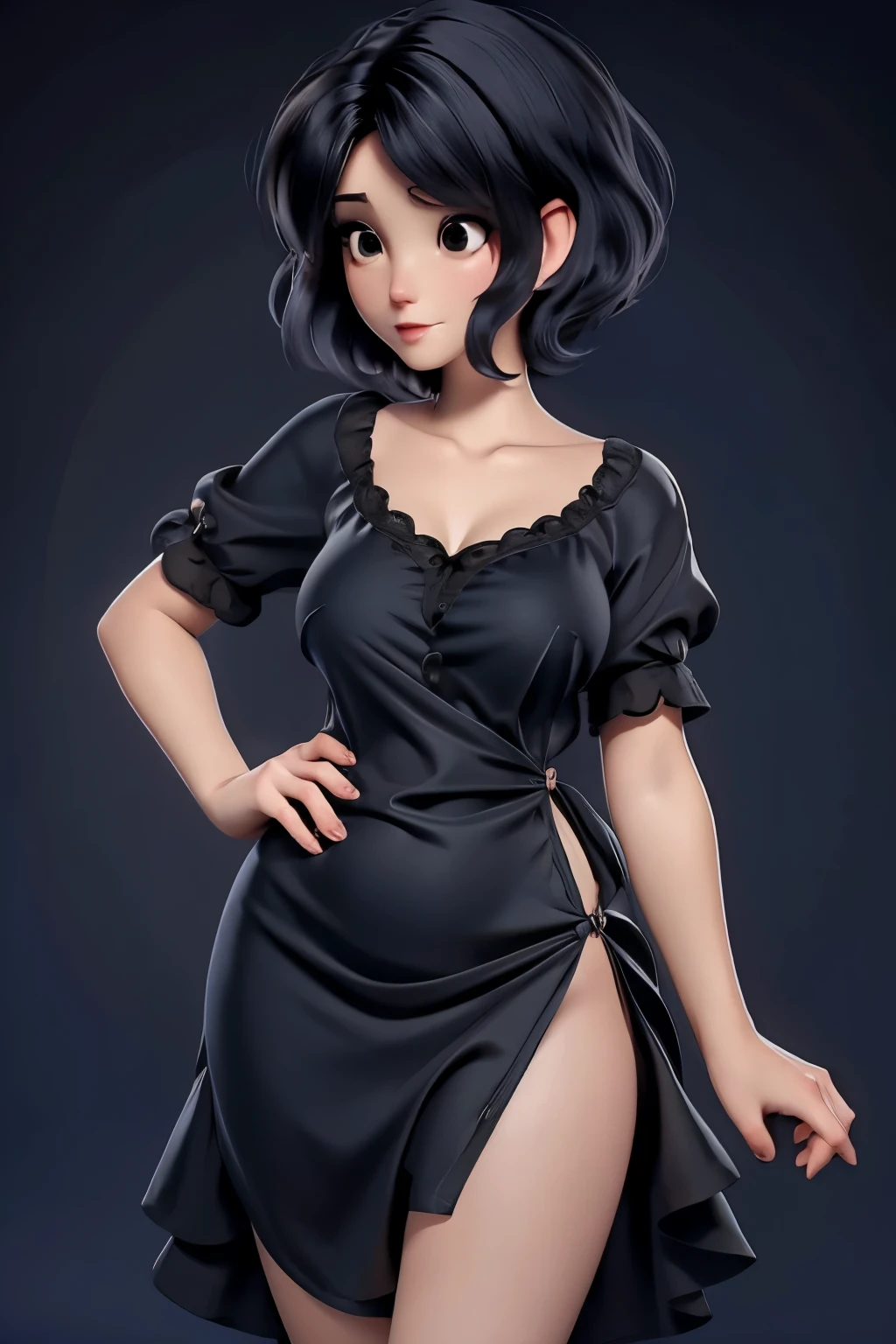 Sweet adorable and alluring hot and curvaceous anime babe sparsely clothed in a highly revealing and alluring goth nightgown short bob hairstyle wavy and alluring 