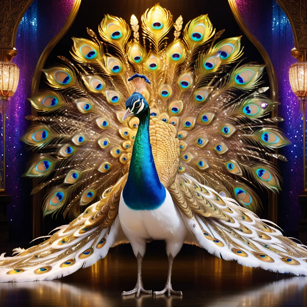 Peacock，Front upright，（Pure white body，White feathers，Gold pattern，Crystal sparkle），Peacock开屏，Looking at the audience，fantasy，Colorful tones，masterpiece，Dramatic ethereal beauty，Panoramic view：1.2，Three light sources，reflected light